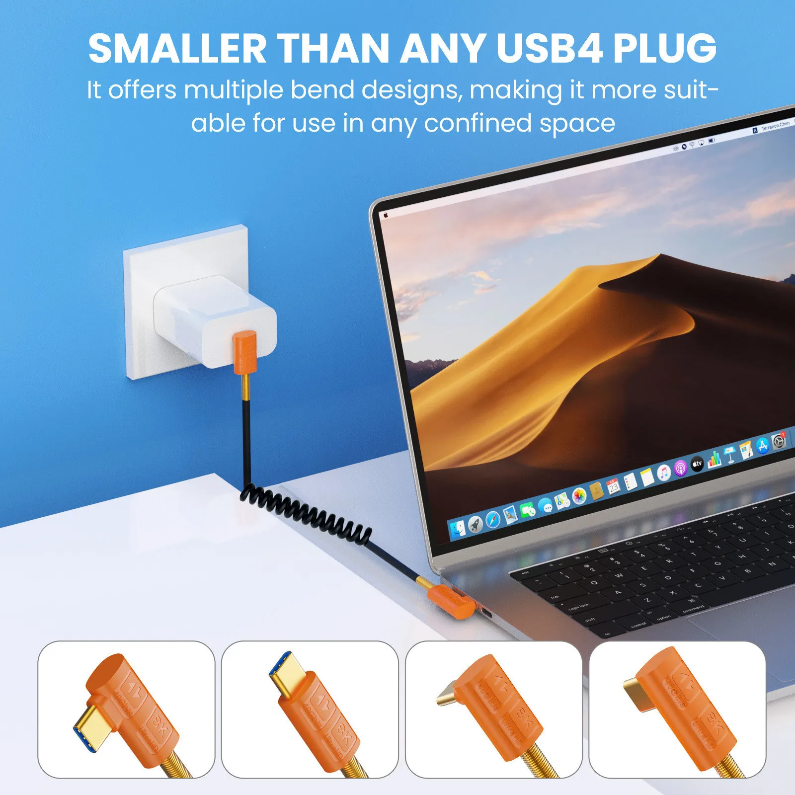 Spring Retractable USB4 Dual-Port Type-C Cable 240W (48V/5A) 8K 60Hz Thunderbolt Laptop Cable 40Gbps Coaxial PD Cord 1m