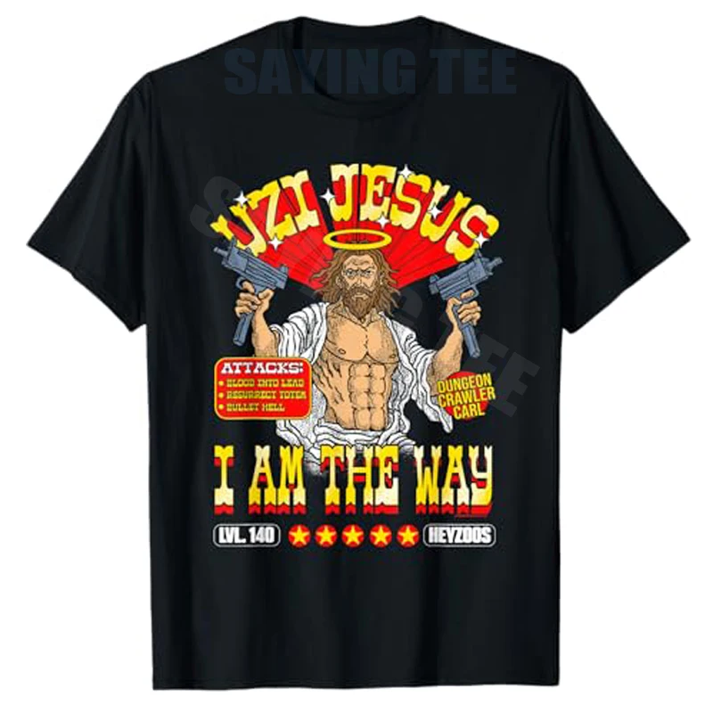 Camiseta Masculina DCC Uzi Jesus I Am The Way com Estampa de Personagens RPG, Humor Y2K, Quadrinhos e Frases Criativas - Moda Urbana