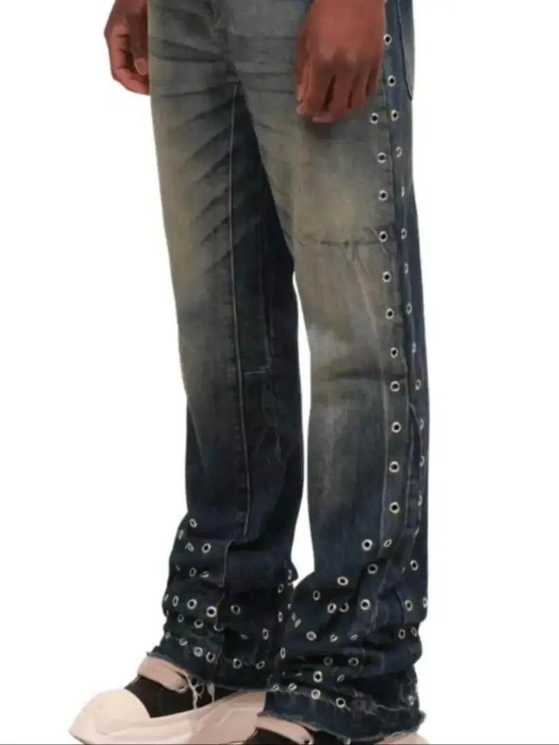 

Роскошные перфорированные прямые мужские джинсы оптом с черной талией