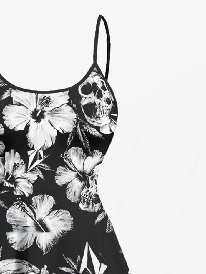 Tropical Flower Skulls Print High Low Cami Dress Women Summer Black Casual Sleeveless Vestidos Party Midi Dress Adjustable Strap