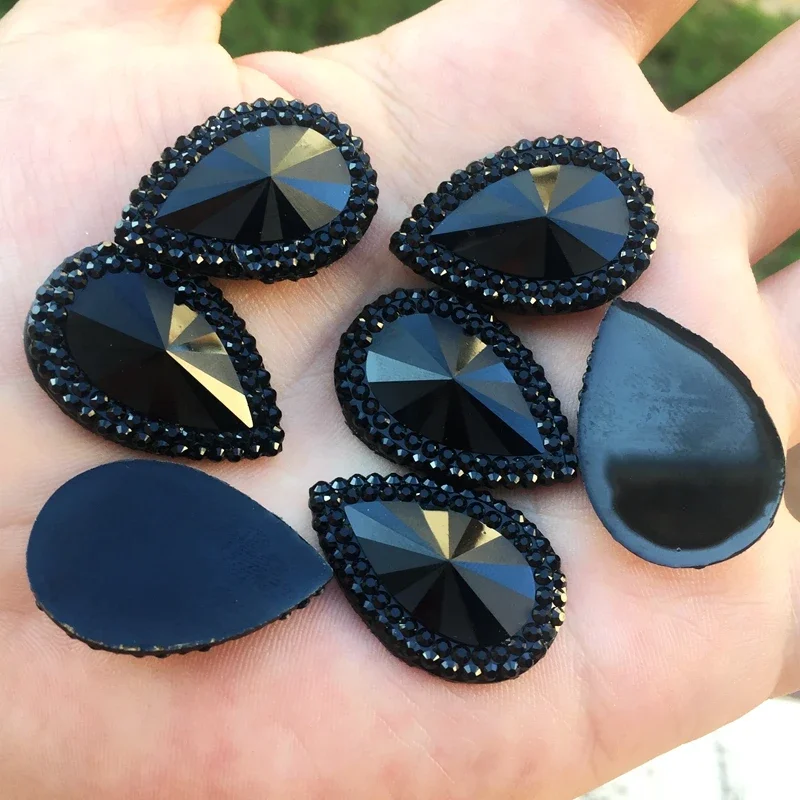 19*29mm 18pcs Absolute black Resin Tear drop Rhinestones Applique Strass Non Sewing Crystal Flat Back Stones -HZ04