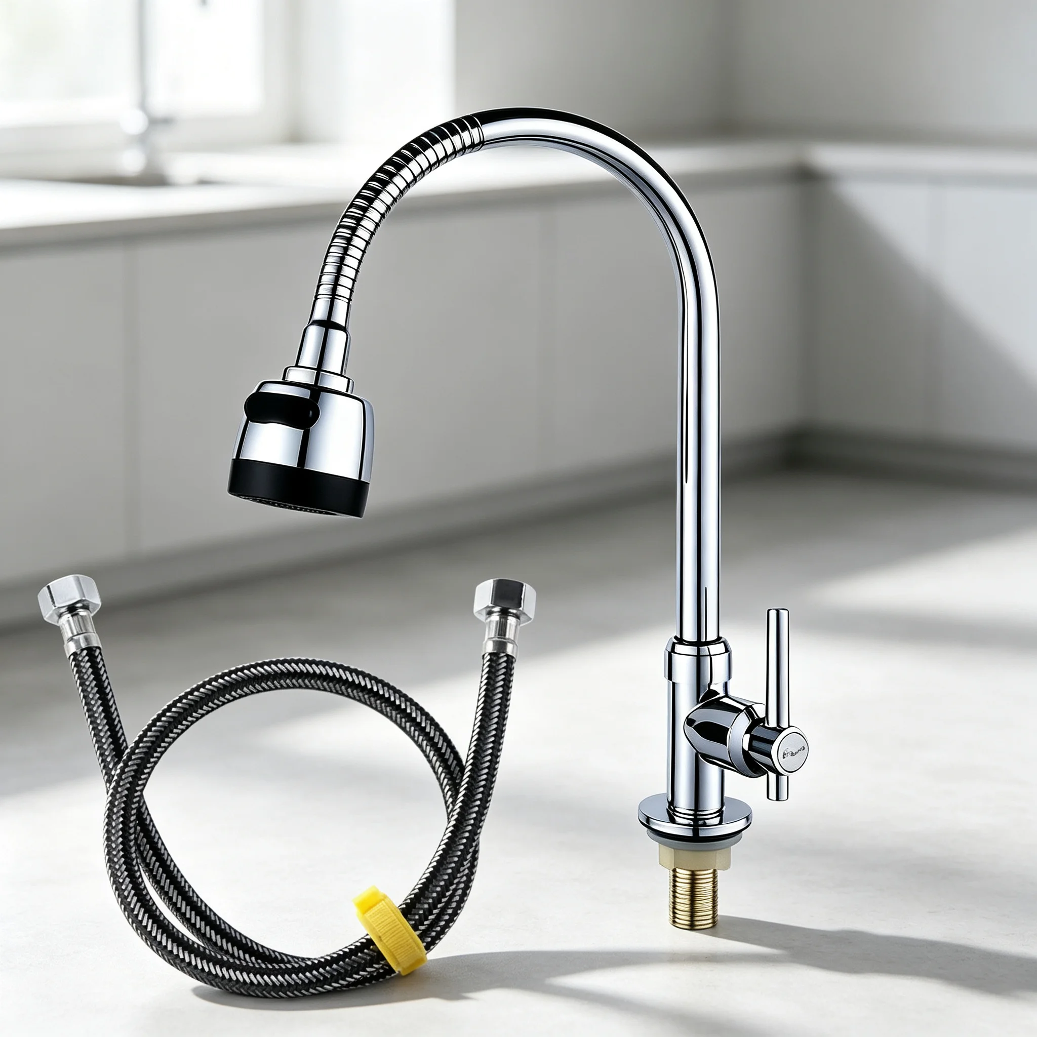 330mm Chrome Polished Kitchen Faucet Single Hole Flexible Bendable Hose Tap with 1 Water Supply Hose
