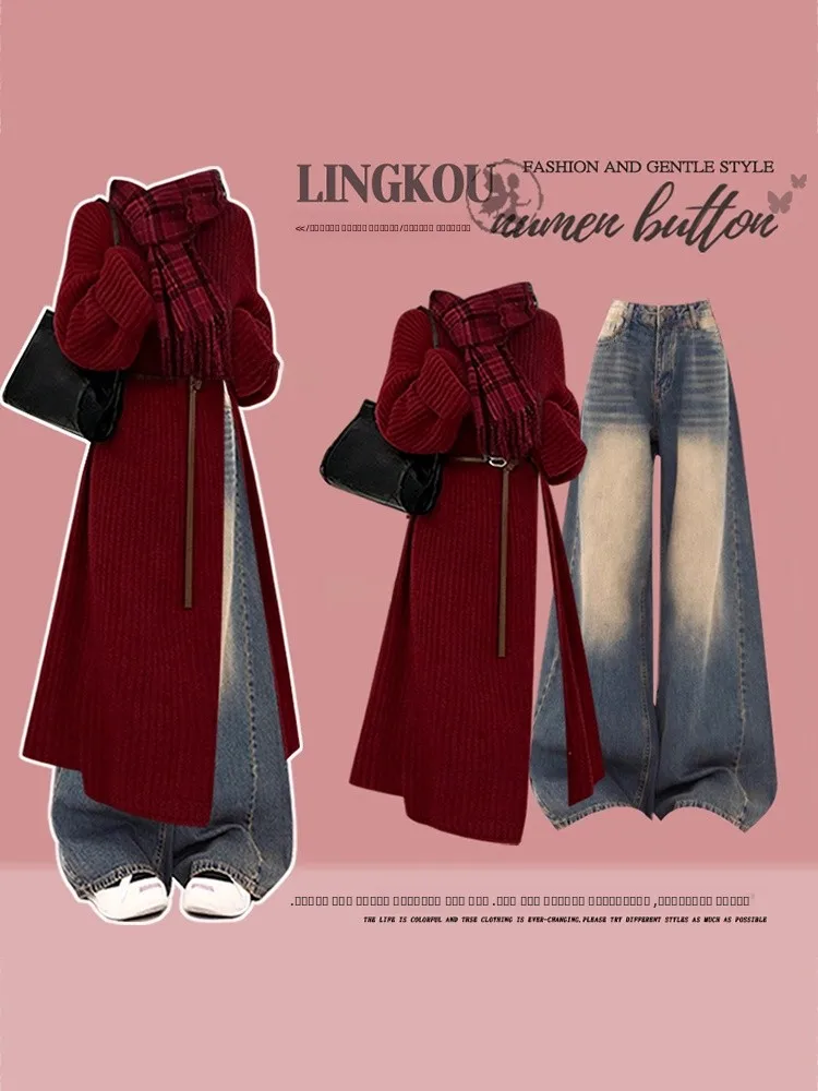 

Knitted Sweater And Jeans Set for Women Mid-Length Vintage Sle Slimming Two-Piece Suit Perfect for New Year And A...