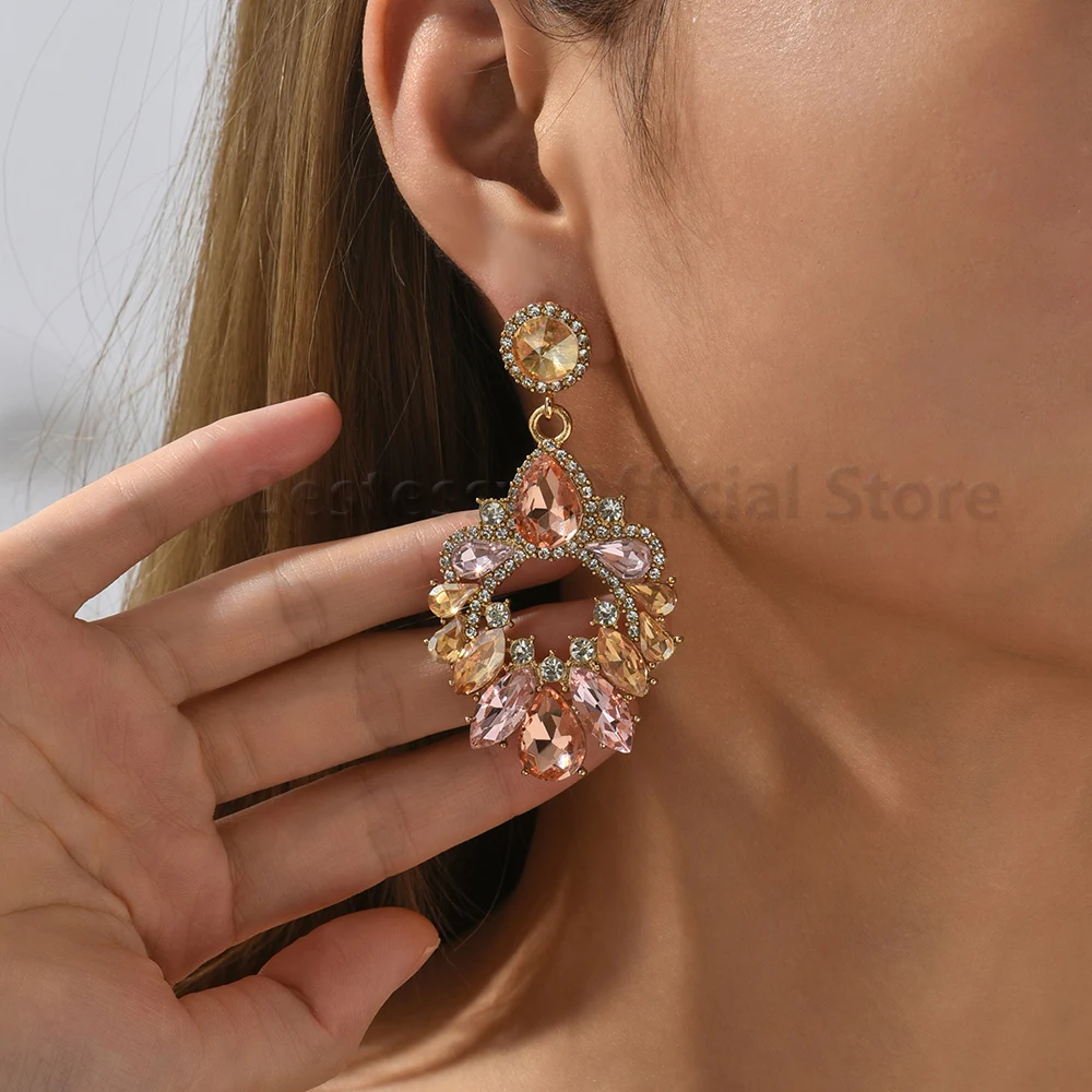 Statement Rhinestone Large Drop Dangle Earrings For Women Colorful Crystal Chandelier Designer Luxury Wedding Party Prom Jewelry