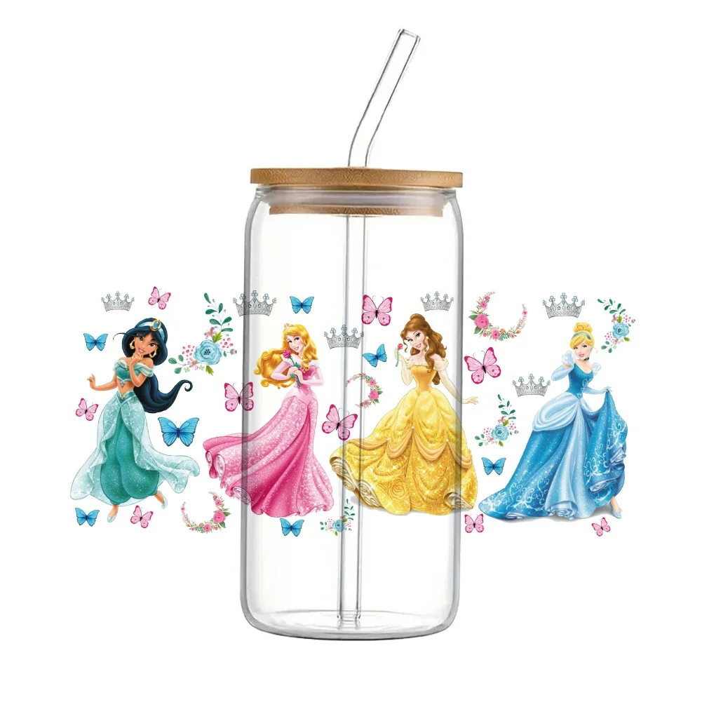 Princesa da Disney-adesivos de transferência uv dtf, 16oz, impermeável, adesivo permanente, para copo, vidro, cerveja, lata, copo