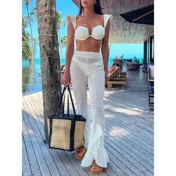 2024 New In Women White Bikini Chic Sexy Solid Color Crochet Pants Fashion Women Swimwear Knitwear Low-waisted Bottom Swimsuit