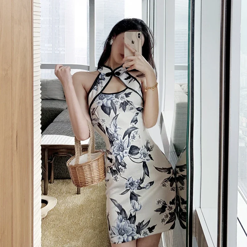 

Lady Retro Print Split Slim Qipao Chinese Style Vintage Sleeveless Cheongsam Women Sexy Club Bodycon Party Wedding Evening Dress