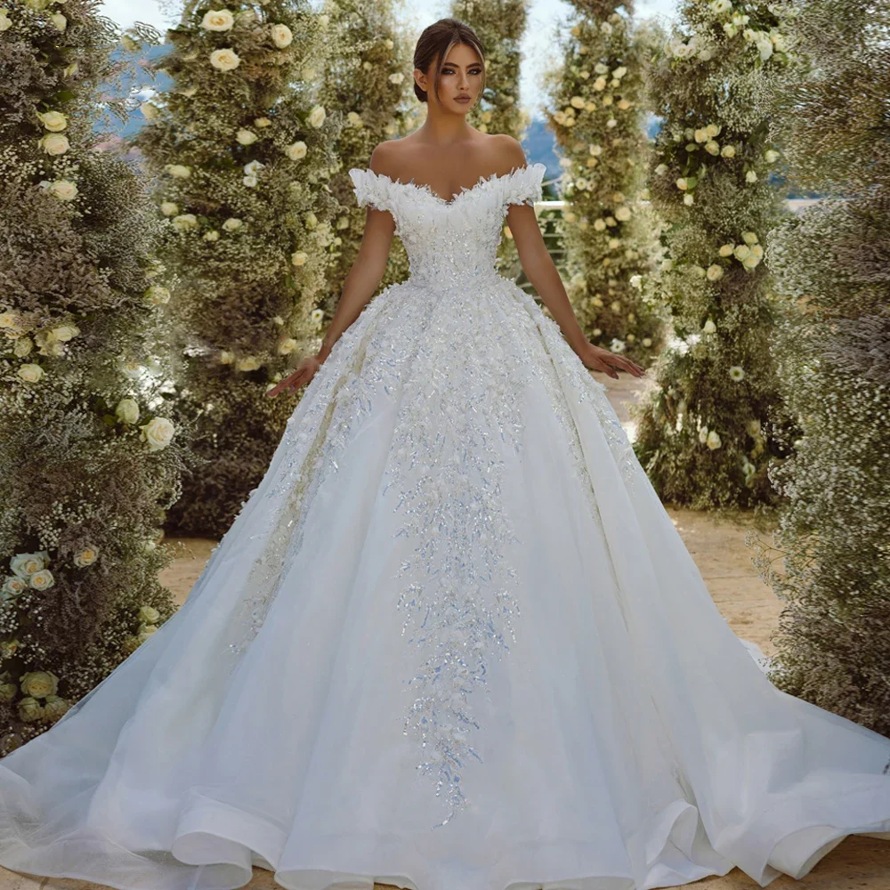 

On Zhu Customized Ball Gown Princess Wedding Dresses Sweetheart Off The Shoulder Vestido De Novia Lace Sequined Bridal Gown
