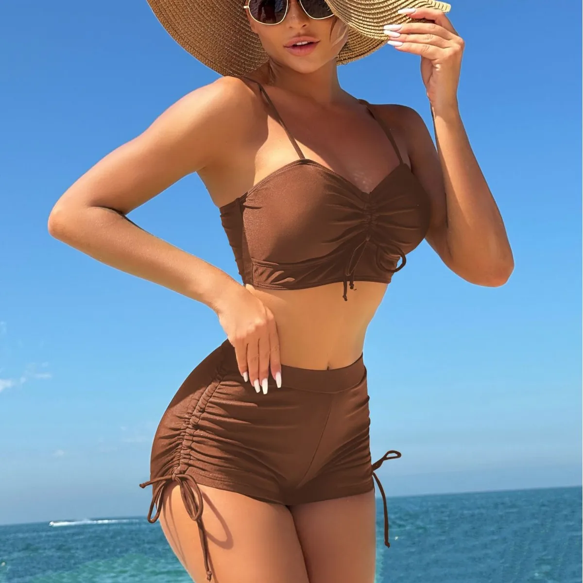 ملابس سباحة نسائية ذات لون سادة، ملابس سباحة محافظة، سروال صدر، بيكيني برباط جانبي #4