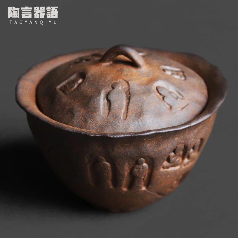 Rock Clay Cameo Dunhuang Grottoes Buddha Hand Grabbed Covered Bowl Hand Pinched Tea Tea Bag Brewing Bowl