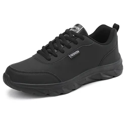 Zapatillas de correr de cuero PU negro para hombre, talla 48, zapatillas impermeables, calzado antideslizante ligero, zapato atlético de pie ancho de 29cm