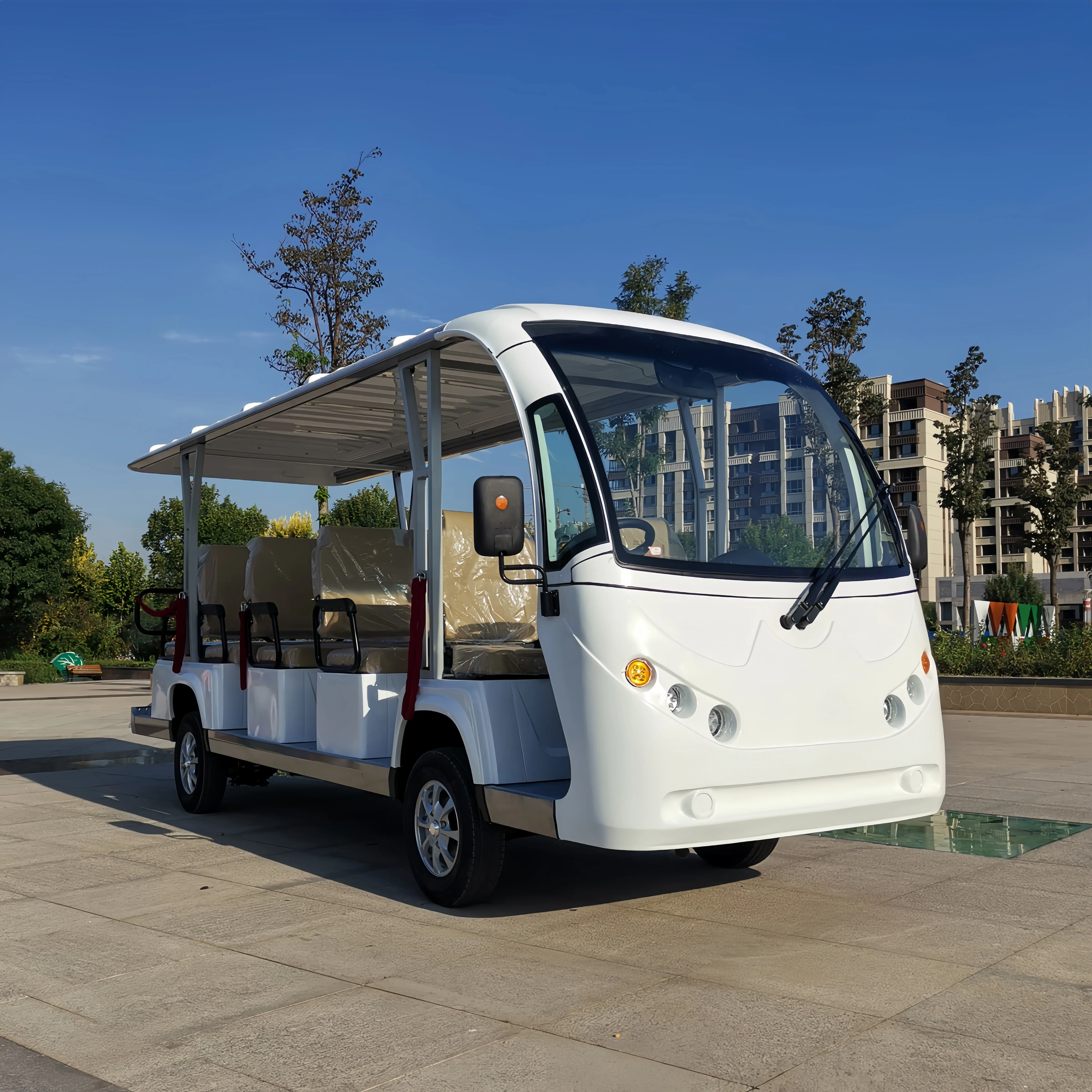 حافلة لمشاهدة معالم المدينة الكهربائية عالية الجودة، حافلة مكوكية للسفر الكهربائية ذات 14 مقعدًا CE، يمكن تجهيزها بألواح شمسية بالجملة