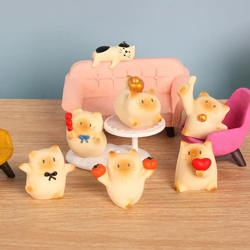 New 6PCS Cute Fortune Cat Resin Figurines, Rotating Lucky Cat Desk and Car Decor, Adorable Holiday Gift for Home Office