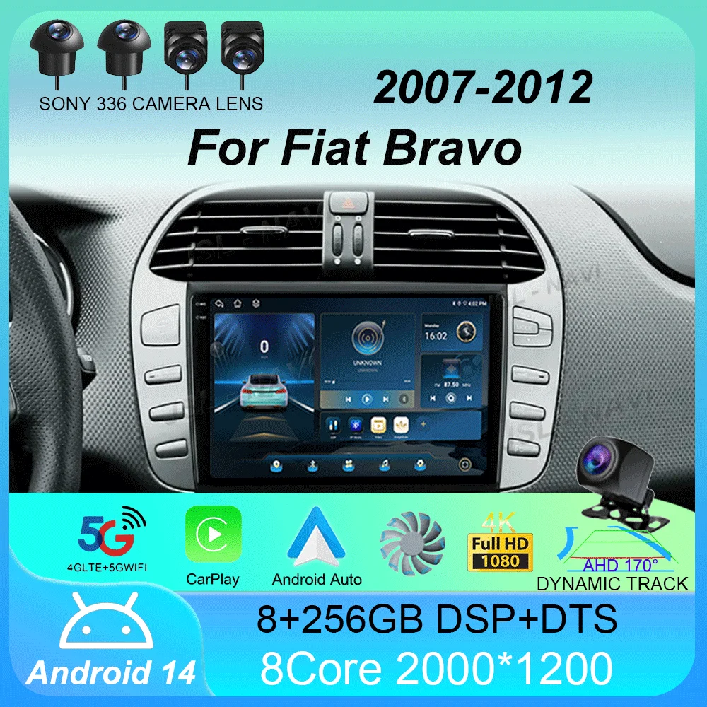 Car Radio Android 14 For Fiat Bravo 2007 2008 2009 2010 2011 2012 Navigation Multimedia Player GPS WiFi+4G DSP BT Carplay Auto