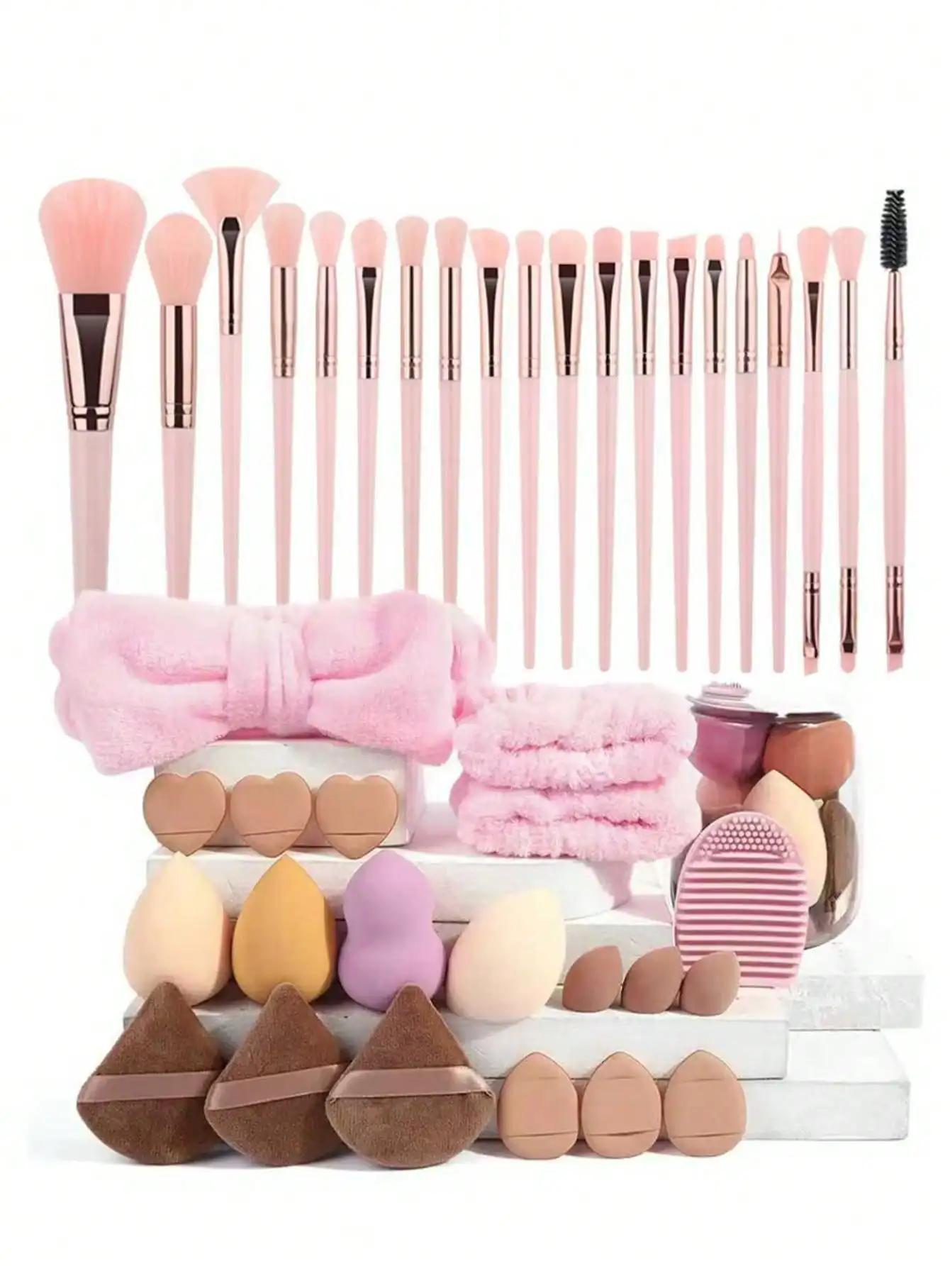 Portable Soft Pink Makeup Brush Set with Beauty Sponges Complete Cosmetic Tools for Foundation Eyeshadow Kit for Beginners