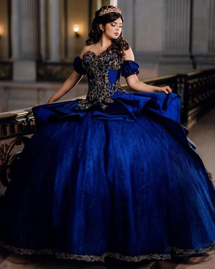 King Blue Princess Ball Gown Quinceanera Dress Puffy Off Shoulder Gillter Applique Beaded vestido debutante 15 anos tema galáxia