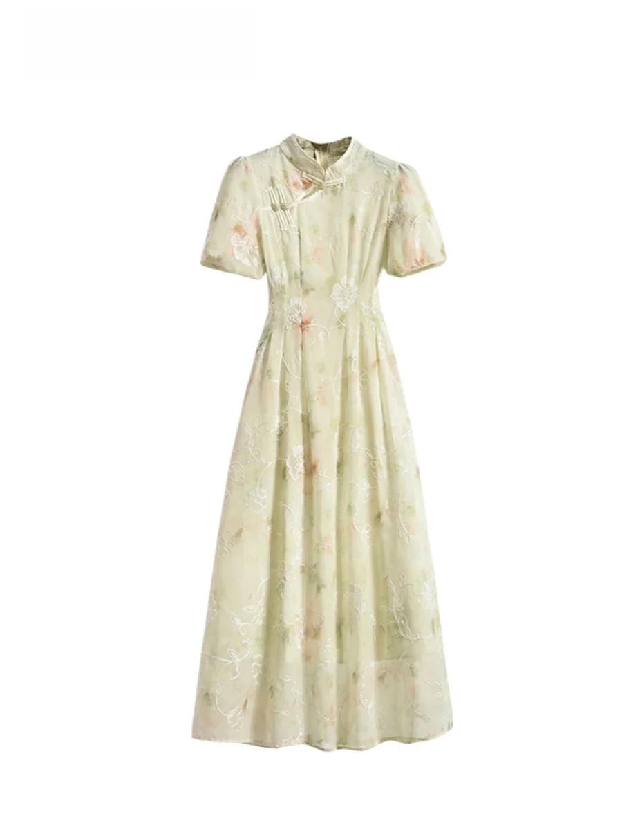 

High Waist A-Line Qipao Dress with Lace Trim for plus Size Women Summer Casual Korean Style Short Sleeve Long Dress