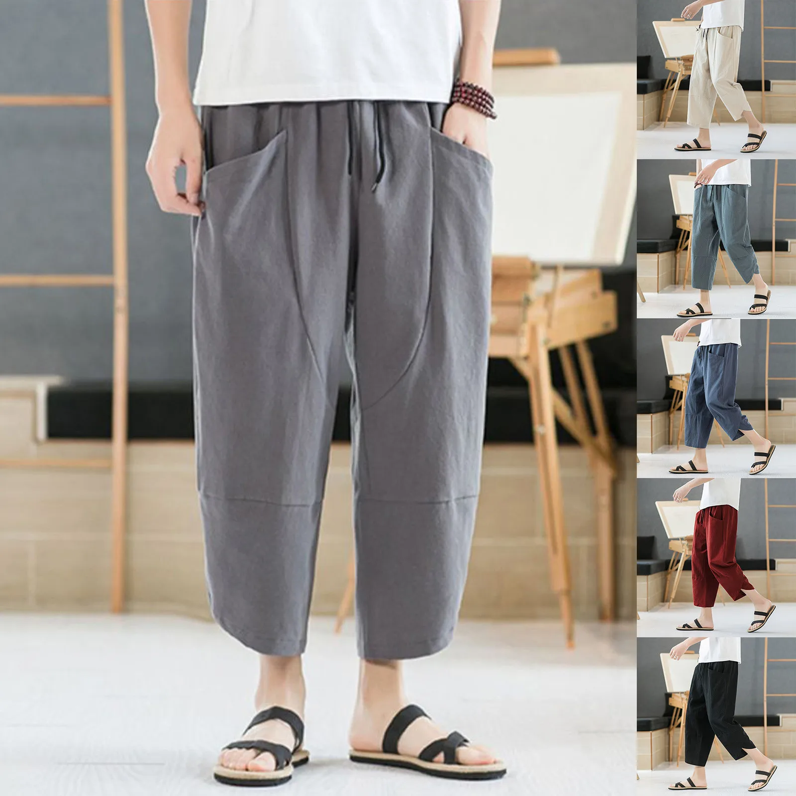 Men'S Cropped Pants Fashion Casual Solid Color Large Pocket Pants Summer Hot Sell Trend Cotton Linen Cropped Straight Pants