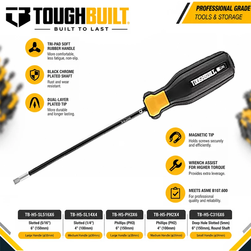 TOUGHBUILT TB-H5-SL516x6 High Torque Screwdriver, 8mm Single-sided Slotted Blade, Phillips Head Screwdriver PH1 PH2 PH3