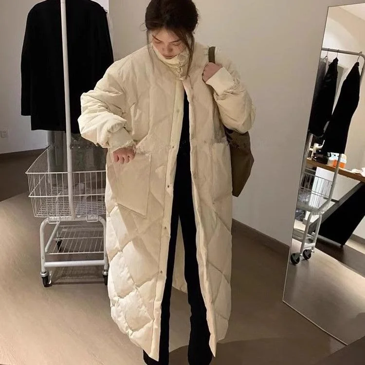 

plus Size Winter Cotton Jaet Women's Loose Thi over Knee Diamond Pattern Warm Outerwear Korean Sle Commute Faion