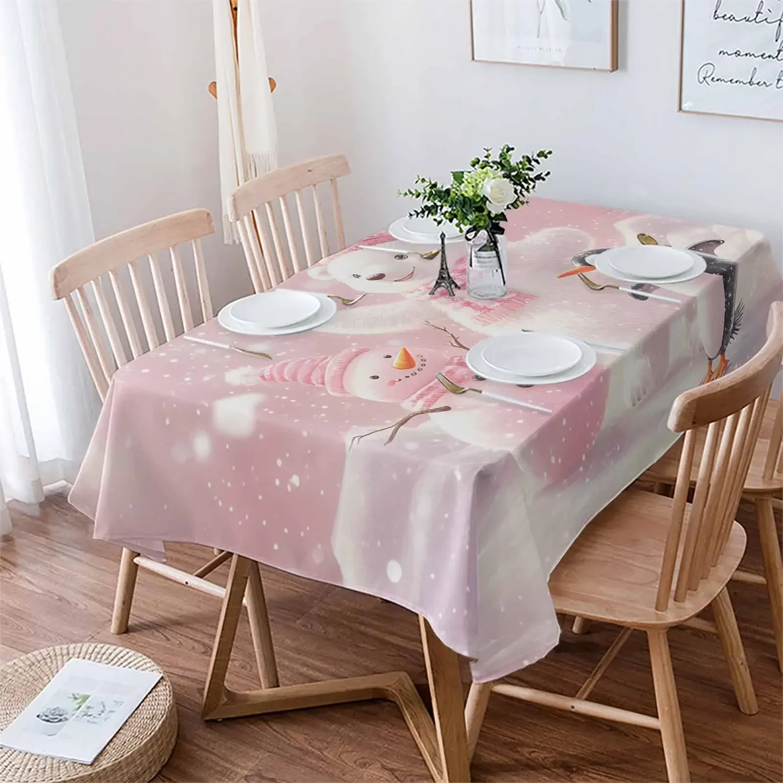 Christmas Pink White Bear Penguin Waterproof Tablecloth Party Decorations Supplies Rectangle Table Cloth Kitchen Table Decor