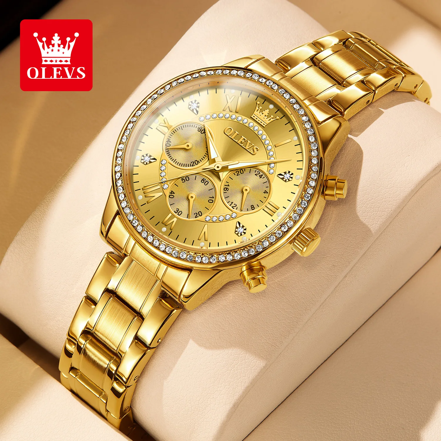 OLEVS Quartz Women's Watch Elegant Luxury Diamond Gold Stainless Steel Three Small Dials Luminous Waterproof Ladies Hand Clock