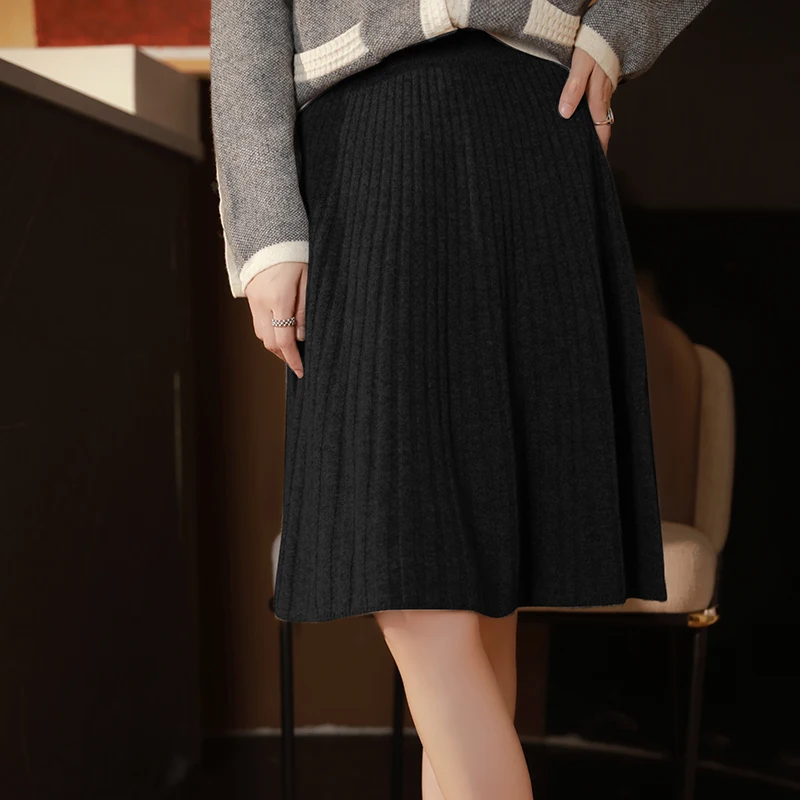 Elegant Women 100% Wool Knitted Skirt Korean Fashion Solid Casual A Line Ladies Pleated Short Skirt Spring Chic High Waist Skirt