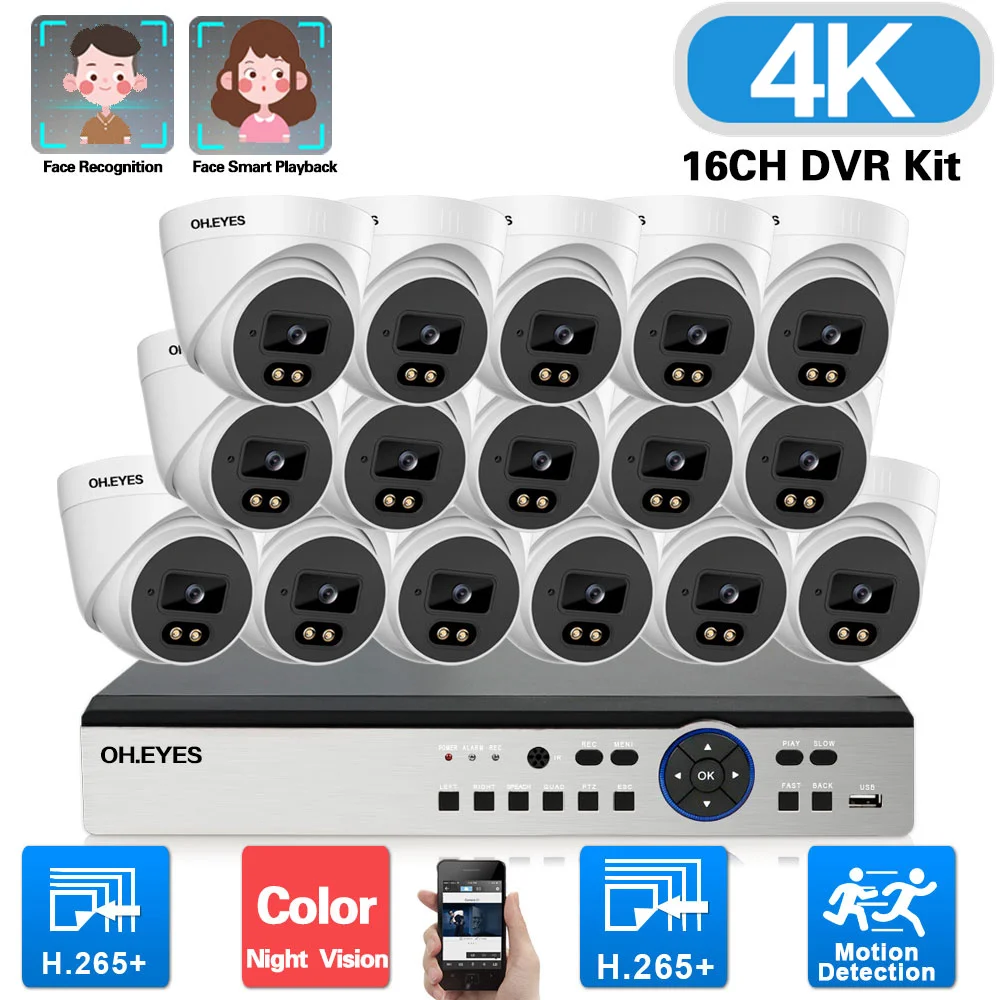 4K Ultra HD 16CH DVR Kit Indoor Home Dome Camera Monitoring Set Color Night Vision AHD CCTV Camera Security System Kit 8MP XMEYE