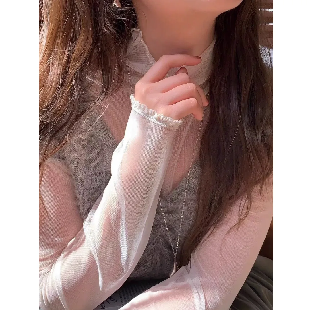 

Sweet Girl Sleeve High Neck Long Sleeve T-Shirt Lace under Shirt Autumn Winter Inner Wear Cute Detail Base Layer Top