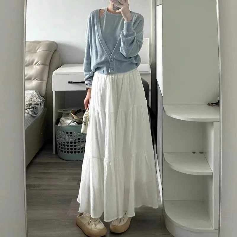 Summer Cupcake Skirts Women Pleated Solid Patchwork Oversized Soft Comfortable Simple All-match Loose Gentle Style Elegant New