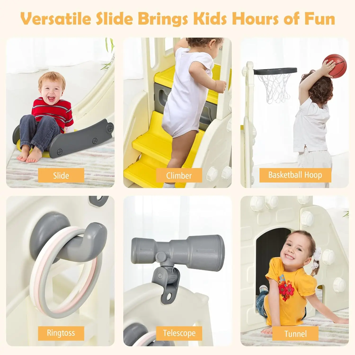 Toddler Large Slide, 6 in 1 Slide for Kids with Basketball Hoop, Ring Toss, 2 in 1 Convertible Climbing Way, Freestanding Kids S