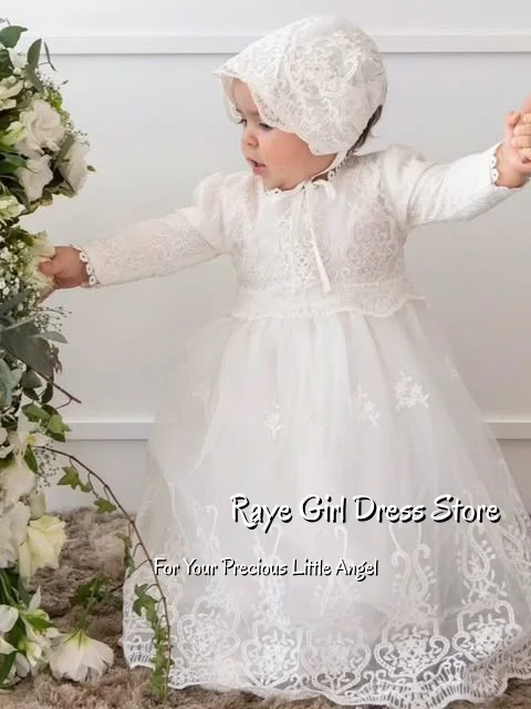 Flower Girl Dress For Baptism Wedding First Communion Formal Gowns A Line Floor Length Tulle Long Sleeve Matching Bonnet Gowns