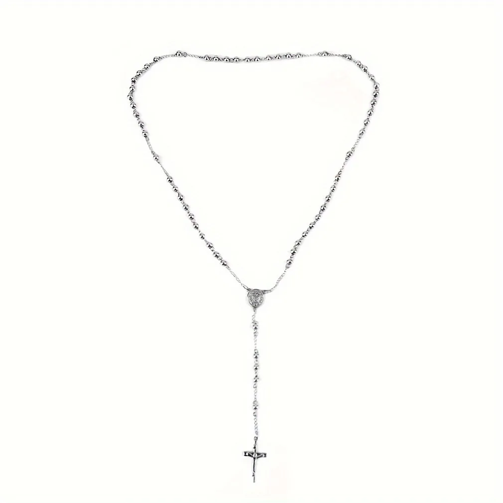 1Pc Silver Rosary Beads Necklace, Catholic Cross Pendant Prayer Chain with Oval Medal, Religious Faith Jewelry for Men Women