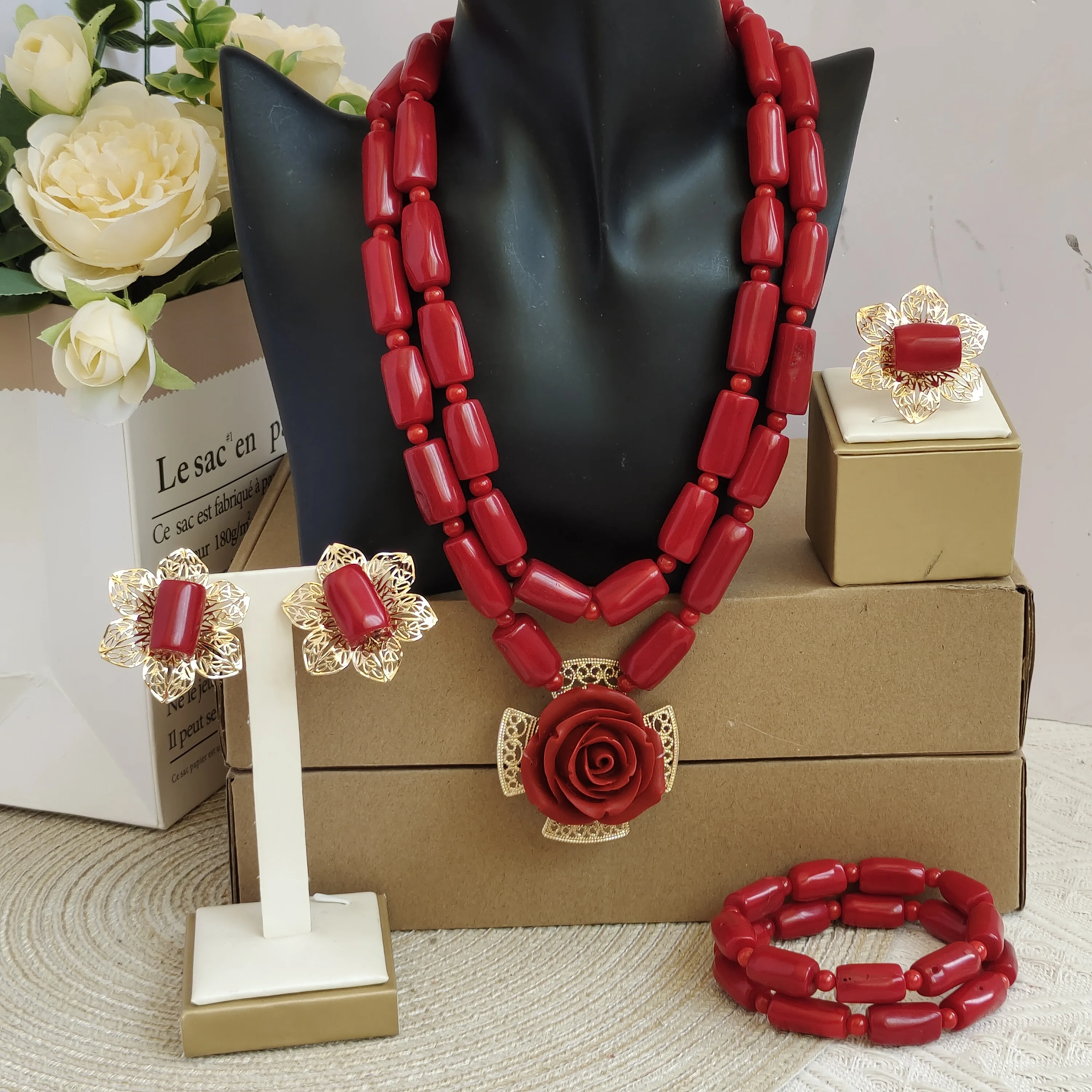 

Aczuv red original coral beads jewelry set for women weddings