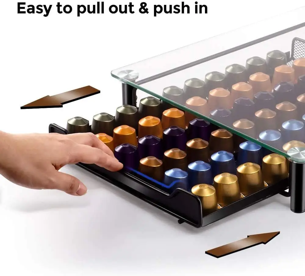 60 Cups Glass Nespresso Coffee Pods Holder Rack Coffee Capsule Stand Storage Shelves For Coffe Holder Drawer Stainless Steel