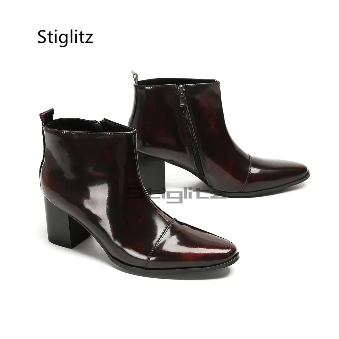 

Retro Patent Leather High Heeled Men's Boots 8Cm Black Wine Red Ankle Boots Concise Fashion Pointed Toe Business Party Shoes