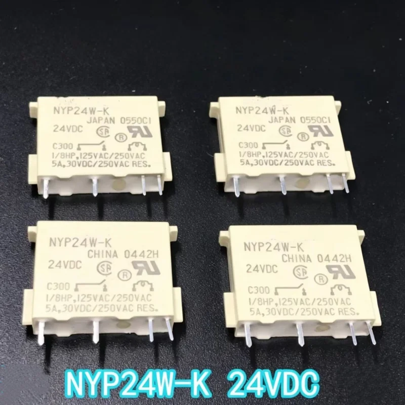 NYP24W-K, a brand-new thin relay with 4 pins, operating at 24VDC, capable of handling 5A current.