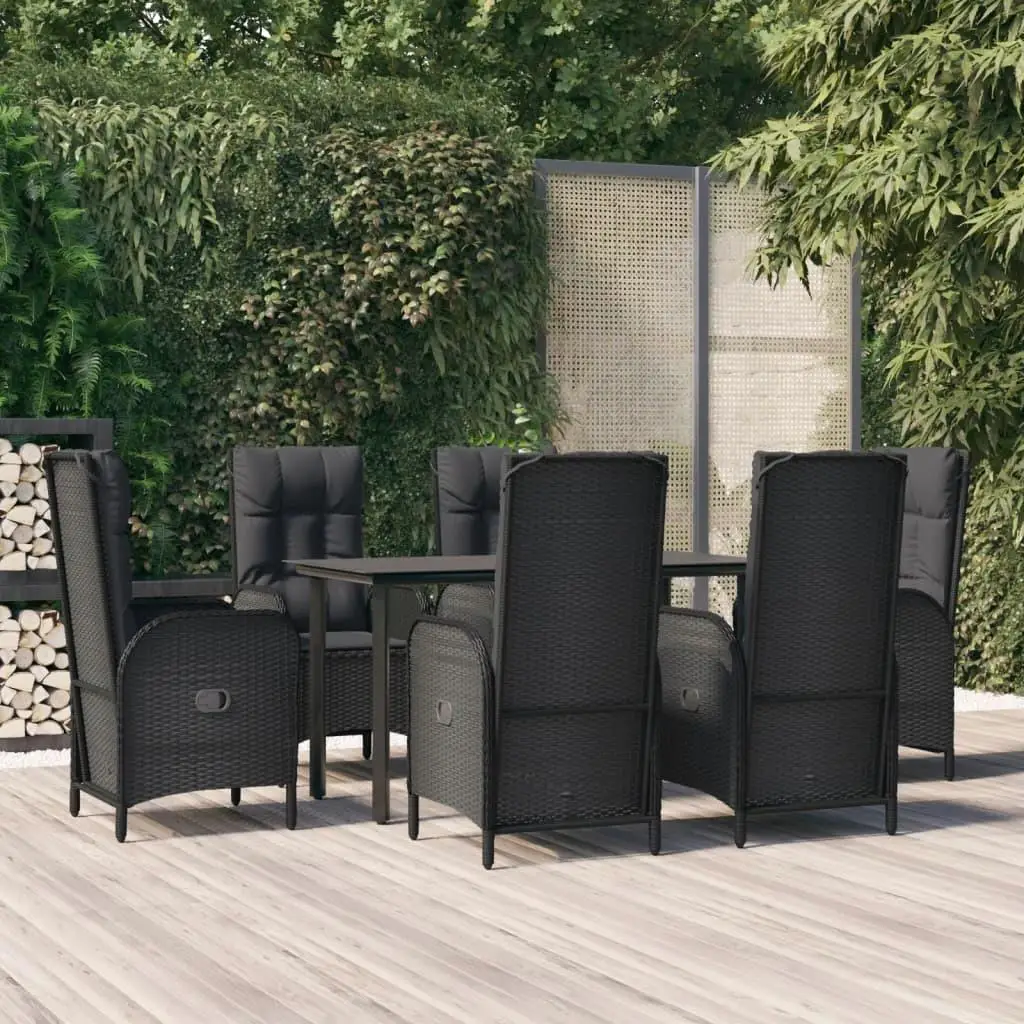 7-Piece Black Poly Rattan Patio Dining Set with Cushions – Outdoor Furniture for Garden, Balcony & Terrace