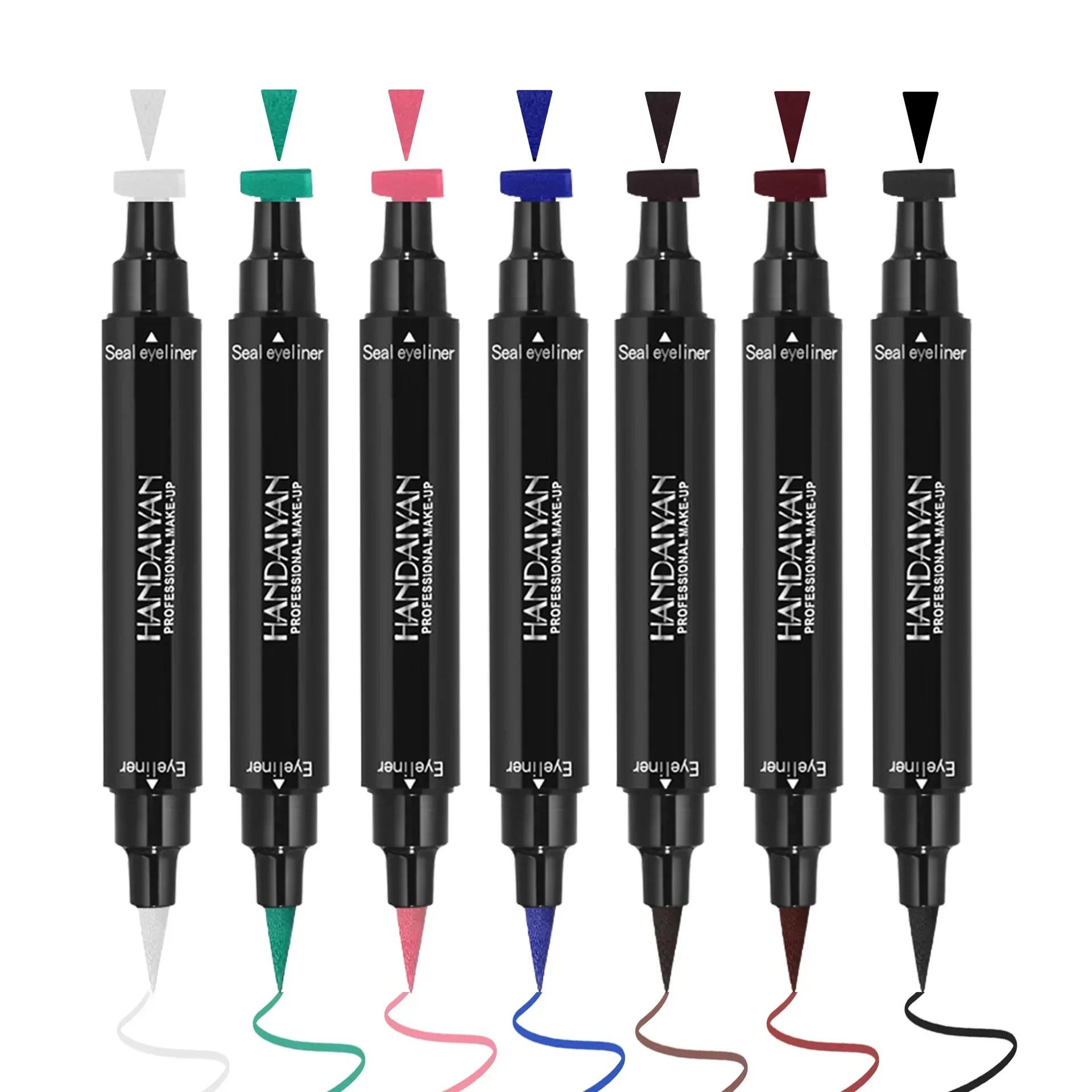 Penna per eyeliner liquido colorato con timbro alato 2 IN1 Impermeabile ad asciugatura rapida Doppio attacco Nero Blu Rosa Marrone Sigillo Eye Liner Strumento per il trucco