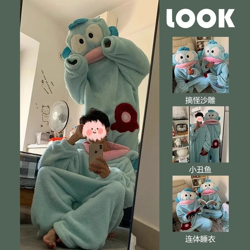 

MINISO аниме костюм с героями мультфильмов Sanrio Hangyodon комбинезоны осень-зима новый большой размер цельная пижама для пар домашняя пижама подарок