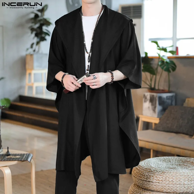 Fashion Casual Style Tops INCERUN New Men Chinese Style Hooded Hoodie Shirts Loose Solid Long Sleeve Cardigan Blouse S-5XL 2024