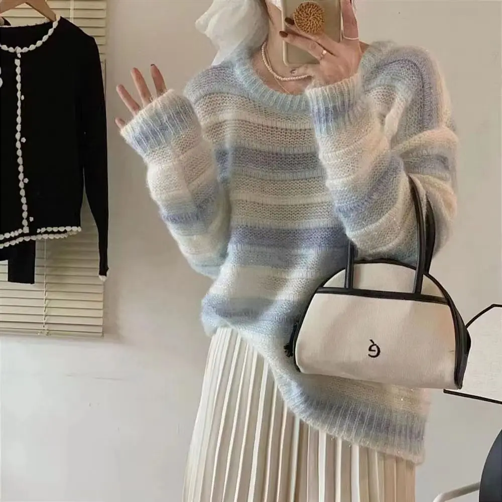 Hollow stripe pullover sweater gradient soft waxy wind sweater loose and thin high-end long-sleeved knitted pullover sweater top