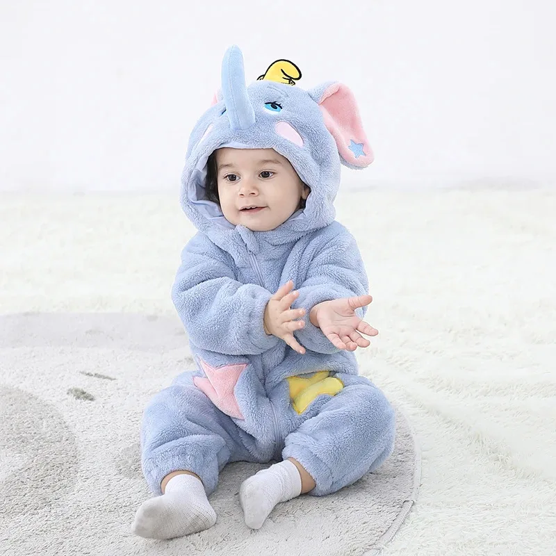 

2025 12 Kigurumis Lovely Elephant Newborn Baby Clothes Bodysuit Winter Flannel Boys Girls Romper Warm Cosplay Costume Outfit Hoo