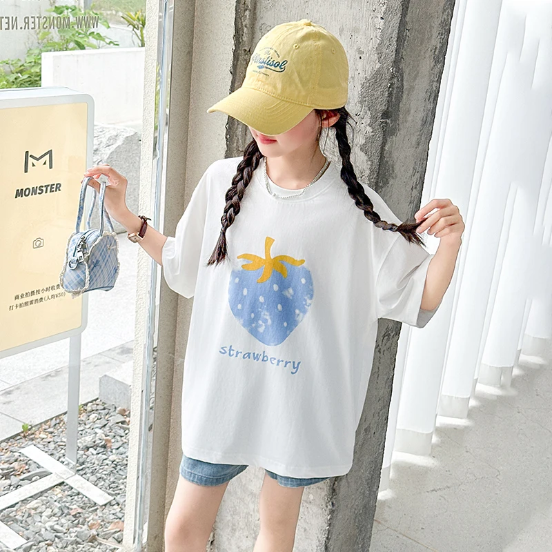 New Summer Kids Girl White Cotton T-shirt with Strawberry Print Tween Child Short Sleeve Casual Tshirt Outfit Tees Age 5-14 Y