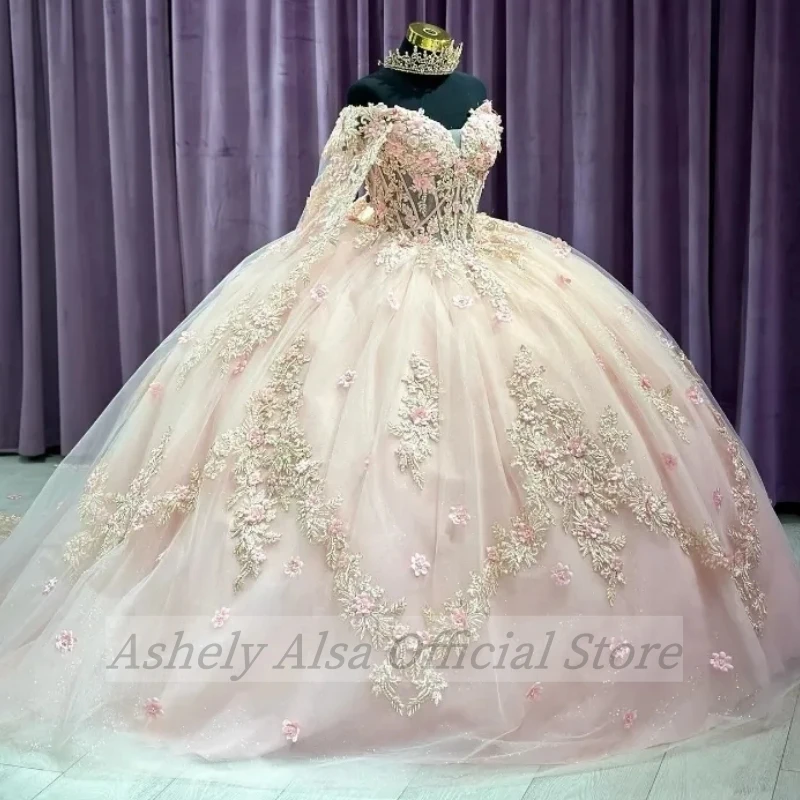 Vestido Quinceanera rosa para meninas, flores 3D frisadas, vestido de baile com capa, vestidos de festa árabe do México, 16