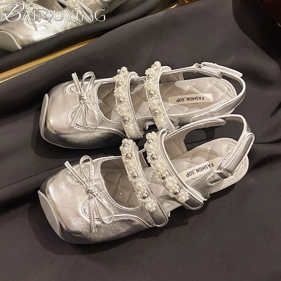 

Сандалии на плоской подошве с бантом и квадратным носком, женские туфли Мэри Джейн с бусинами, женские повседневные летние туфли 2025, трендовые неглубокие модельные лоферы, элегантные сандалии