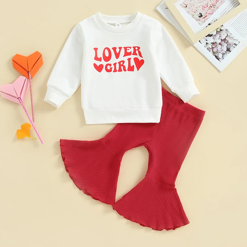 

Toddler Newborn Baby Girls 2 Piece Outfits Letter Print Long Sleeve Sweatshirt and Elastic Flare Pants Set Cute Clothes