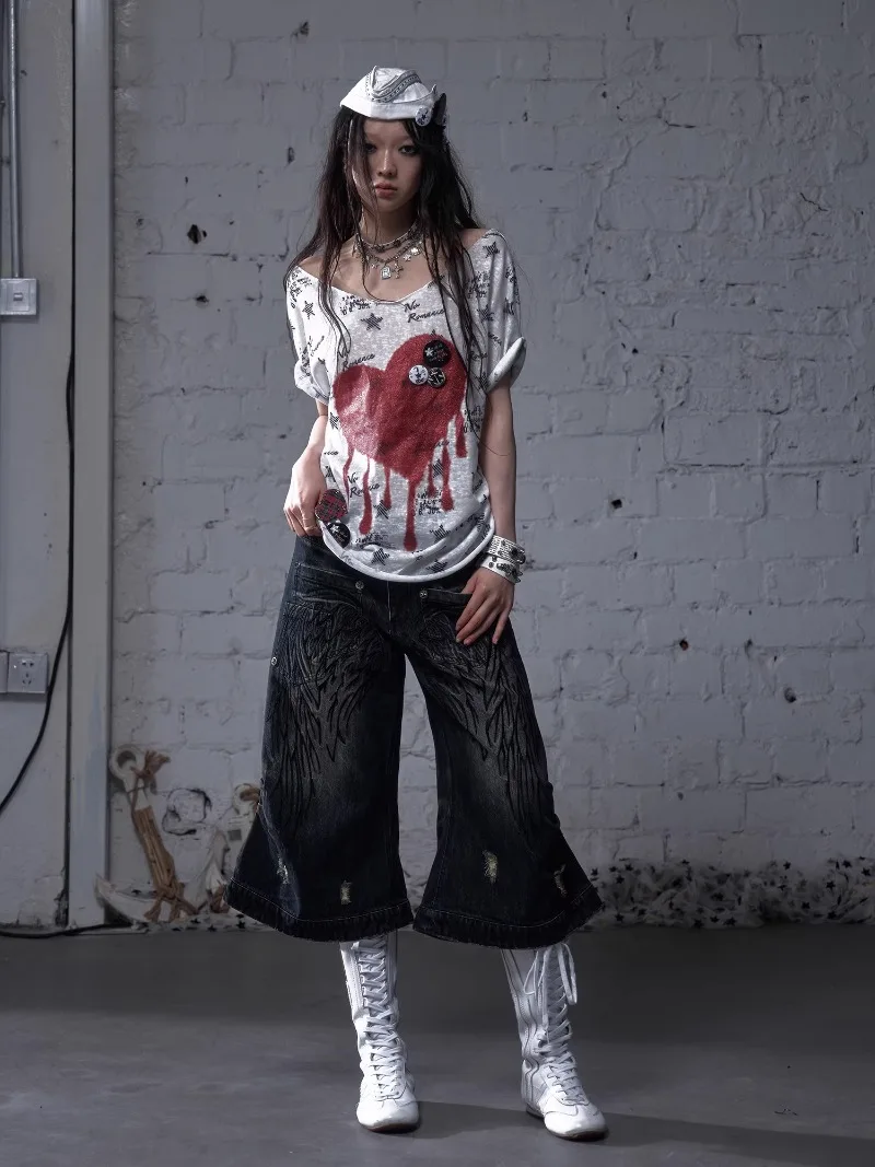 New American Retro Punk Street Style Short Jeans Heavy Industry Embroidered Wings Washed Old Loose Wide-leg Denim Cropped Pants