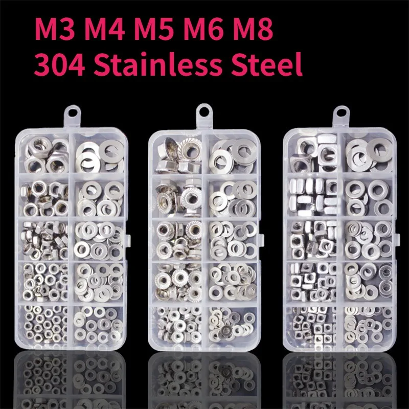 

M3 M4 M5 M6 M8 304 Stainless Steel Hexagon / Square / Flange Nuts / Spring Lock Washers and Flat Washer Assortment Kit Set Box