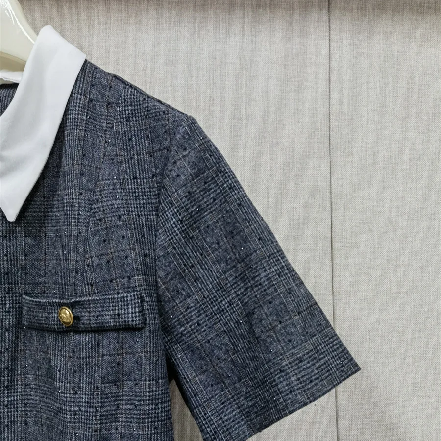 【هدية مجانية】2025 أوائل الخريف الفرنسية المتخصصة الشبابية الرجعية منقوشة التباين طوق مطوي فستان قصير الأكمام للنساء #4